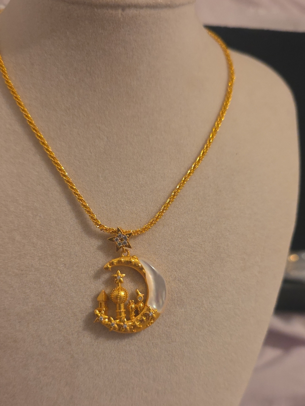 Gold Cresent City On The Moon Pendant Necklace in Gold and White